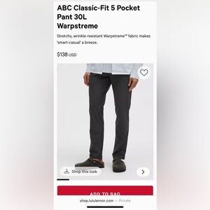 Men's Lululemon ABC Classic-Fit 5 Pocket Pant size 33x30 in Warpstreme